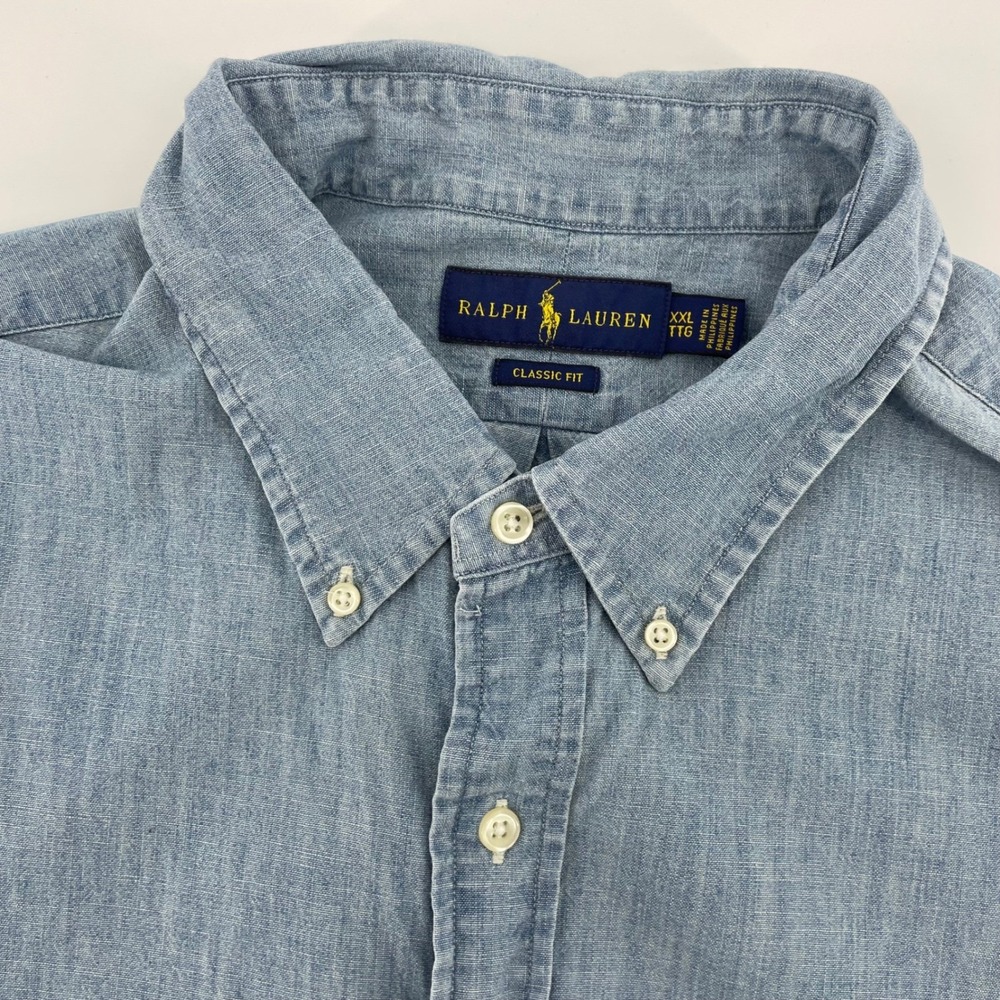 Ralph Lauren Men's XXL Blue Chambray Short Sleeve Button Down Classic Fit Shirt